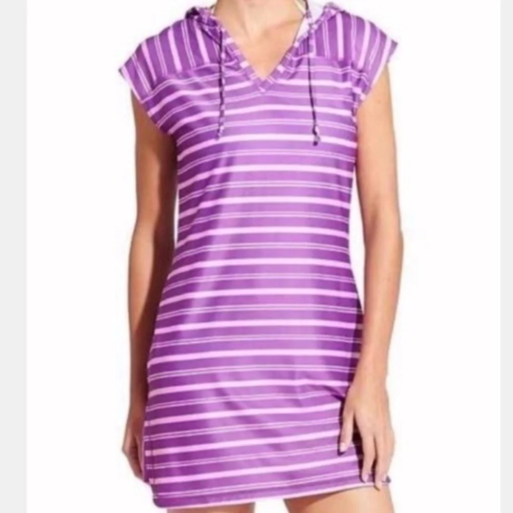 ATHLETA WICK IT BEACH PURPLE STRIPED HOODED SLEEVELESS SWIM COVERUP XS